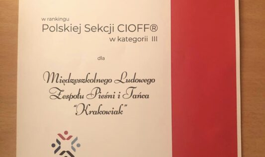 Akt Nadania Tytułu Zespołu Roku 2023 dla „Krakowiaka” w kat. III w ogólnopolskim rankingu Polskiej Sekcji Cioff.